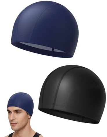 Luxorium 2 Bonnet de Bain Adulte PU Noir et Bleu Marine Bonnet de Bain Femme Homme Doux pour Cheveux Longs Bonnets Piscine Unisex Antidérapants Séchage Rapide