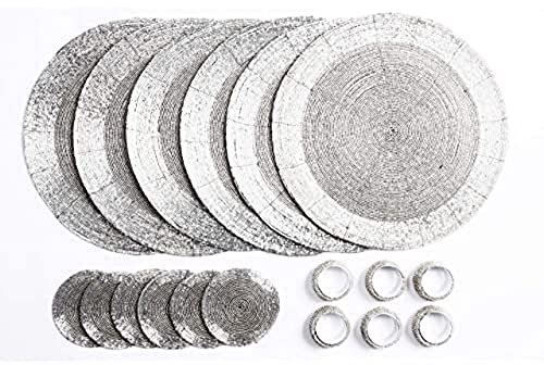 Penguin Home Set mit 18 Glasperlen Platzdeckchen, Untersetzern und Serviettenringen – silberfarben – runde Tischsets – handgefertigt von erfahrenen indischen Kunsthandwerkern –32 cm, 3553