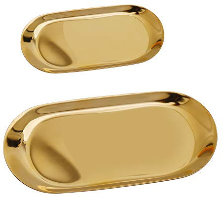 Plateau de Rangemen Doré Acier Inoxydable Plateau à Bibelots Ovale Cosmétique Bijoux Plaque, Assiette à Vaisselle pour Gâteau aux Fruits Beurre Bougie Décoration, 2 Pièces