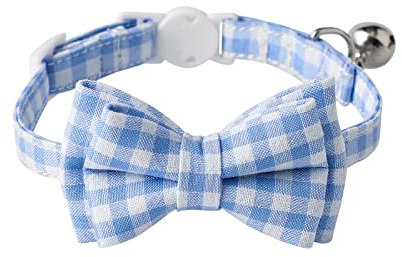 AIITLE Breakaway Cat Collar with Cute Bow Tie and Bell, Detachable Adjustable Safety Collars for Girl Cats and Boy Cats, Kittens, Puppy, Soft Stylish Plaid Patterns Cat Collars,Blue