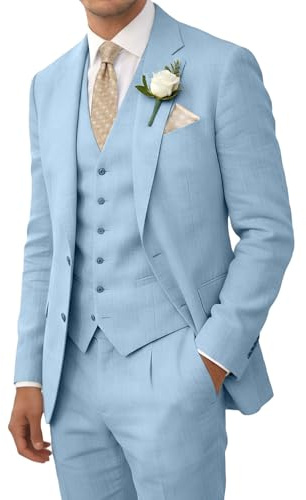 Wehilion Retro Linen Men Suits Beach Wedding Suit Summer Slim Fit 3 Pieces Light Weight Breathable Jacket Vest Pant Tuxedo, Baby Blue, L