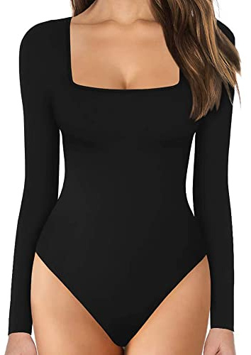 KOEMCY body dam lång ärm, bodysuit topp body sexig dambody smala bodysuits toppar underbody elegant långärmad body för kvinnor långärmad, svart, M