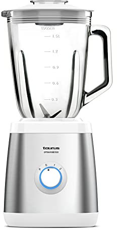 Taurus Optima Pure 1500 - Batidora de vaso, 1500W, jarra cristal graduada, 1.5L capacidad, pica hielo, 2 velocidades + Turbo, cuchillas de acero inoxidable desmontables, libre BPA