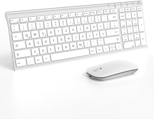 seenda WGJP-031B Tastatur Maus Set Kabellos, Wiederaufladbare kleine Funktastatur mit Maus, Metall Tastatur für PC/Laptop/Smart TV, Leises Klicken & QWERTZ Layout, Weiß & Silber