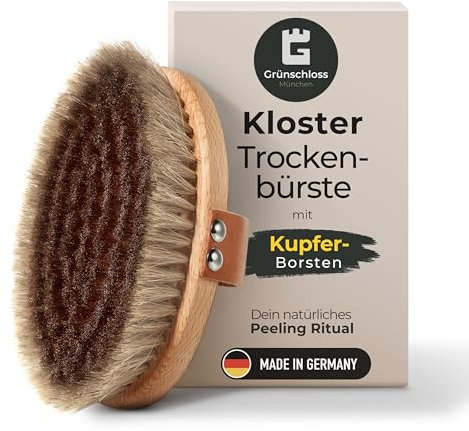 Grünschloss Klosterbürste mit Kupfer (Made in Germany) - effektive Trockenbürste Körper Cellulite Massagebürste – natürliche Peeling Bürste Körper mit Naturborsten & Kupfer Körperbürste oval (Yang)