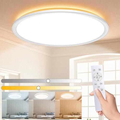 LQIKARL Led Ceiling Light Dimmable Ceiling Light 3000K, 4000K, 6500K 10 Level Brightness Adjustment, 24W 3000Lm Flush Led Ceiling Lights with Remote Control for Bathroom Bedroom Kitchen