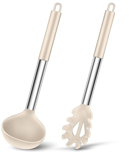 Joyfair Suppenkelle und Spaghettilöffel Set, 2-teiliges Silikon Schöpfkelle und Nudellöffel mit Griff aus Edelstahl zum Kochen/Rühren/Servieren/Ablassen, Gesund & Antihaft, Spülmaschinenfest - Khaki