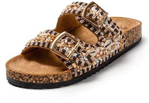 JOMIX Chanclas Mujer Verano con Hebilla Sandalias Mujer Concha Chanclas Mujer con Piedra Sandalias Mujer Plataforma Playa Piscina Mar, Camello, 40 EU
