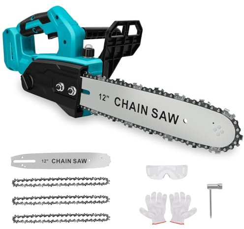 Cordless Chainsaw Compatible with Makita 18V Battery, 12 Inch Mini Chainsaw with 3 Chains and Security Lock Handheld Electric Chainsaw for Wood Cutting, Tree Trimming (No Battery)