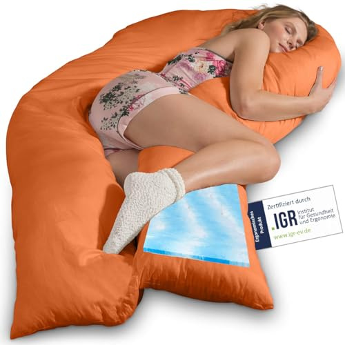 Traumreiter Seitenschläferkissen Visco XXL mit Bezug Baumwolle Terracotta, Hybrid Kissen +1cm Memory Foam Schwangerschaftskissen U Form Gel Komfortkissen Ergonomie Zertifiziert