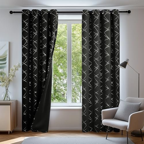 Deconovo Blackout Curtains Thermal Insulate Silver Geometric Line Curtains for Living Room 46 x 72 Inch Black 2 Panels