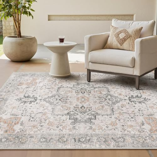 GENIMO Alfombra Salon Vintage Alfombras de Área Lavables en Máquina, Alfombras con Base Antideslizante, Alfombra de Dormitorio de Pelo Corto para Cocina, Comedor, Marrón Claro Taupe, 140X200CM