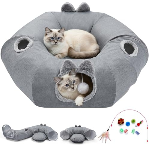 Odoland Cat Tunnel with Bed, Foldable Large Pet Donut Tunnel Bed in Linen, Interactive Cat Play Tunnel Toys with Ball for Indoor Cats, Kittens, Rabbit, Puppies