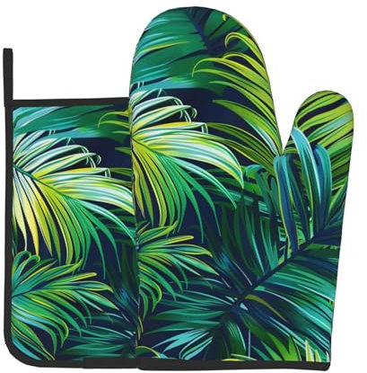 Lot de 2 maniques et maniques imprimées de feuilles de palmier tropicales – Résistantes à la chaleur et imperméables pour barbecue