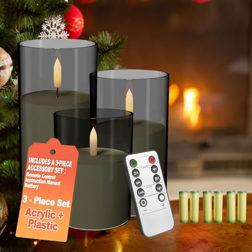 UISEBRT Set di 3 candele a LED senza fiamma con telecomando e 6 batterie AA, funzione timer per 300 ore, illuminazione natalizia senza fili, decorazione da tavolo, casa, soggiorno, tipo A, grigio
