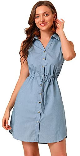 Allegra K Abito Camicia in Cottone Senza Maniche Donna Vestito Casual con Bottoni e Cintura Vita Colletto in Denim Azzurro XS
