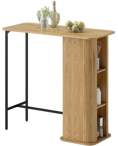 HOMCOM Table de Bar avec 3 étagères, Table Haute Mange Debout pour 2 Personnes, Style scandinave, Design à Lattes et Pieds en métal, pour Petits espaces, Cuisine, Salon, 112x50x106cm, Bois Naturel