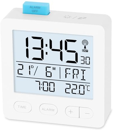 ADE despertador radiocontrolado digital con pilas | Reloj radiocontrolado con iluminación | temperatura y fecha | despertador de viaje compacto | Blanco