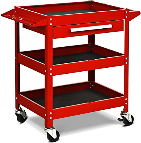 COSTWAY 3 Tier Tool Trolley, Metal Rolling Workstation with Large Drawer and Hanging Rack, Home Workshop Garage DIY Storage Service Cart Holds up to 150KG (Red)