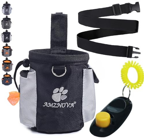 AMZNOVA Dog Treat Bag Treatnow Dog Treat Pouch, Training Bag with Waist Belt & Clicker for Training & Walking, Waist Clip On Snack Fanny Pack for Pet, 3Cups, Black