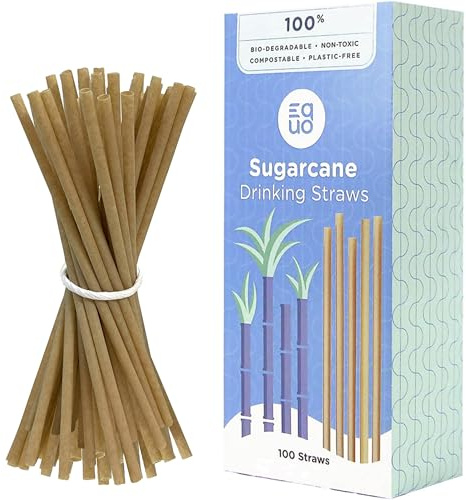 EQUO Sugarcane Drinking Straws (Pack of 100, Standard) - Plastic-free, Home-compostable, Eco-friendly Straws for Sodas, Juices, Coffee & More