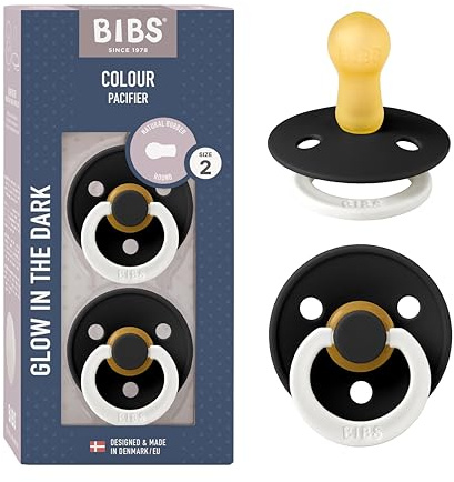 BIBS Colour Night Glow in the Dark Soother 2-Pack, BPA Free Dummy Pacifier, Round Nipple. Natural Rubber Latex, Made in Denmark, Size 2 (6-18 Months), Black Glow