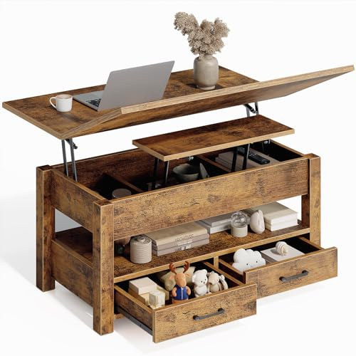 Rolanstar Höhenverstellbarer Couchtisch mit 2 Schubladen, 100 x 50 cm Wohnzimmertisch aus Holz,Platzsparend & Einfach Montiert für Schlafzimmer, rustikales Braun