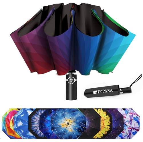 SIEPASA Regenschirm, winddicht, Reise-Regenschirm, kompakt, zusammenklappbar, mit einem Knopf zum automatischen Öffnen und Schließen, Regenbogen
