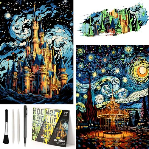 Scratch Art Night Glow Rainbow Painting Paper 2 Pack, Magic Glow-in-the-Dark Scraping, Van Gogh Style DIY Creative Craft Set, Sketch Card Scratchboard for Adults, Teen(Castle- Amusement Park)