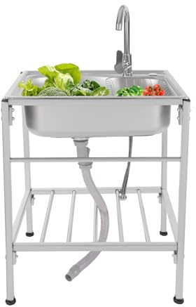 Fristående handfat i rostfritt stål, ytterdiskbänk med underskåp, med varm- och kallvattenkran, köksbänk, lämplig för rengöring av grytor, köksredskap, mat och andra köksredskap.