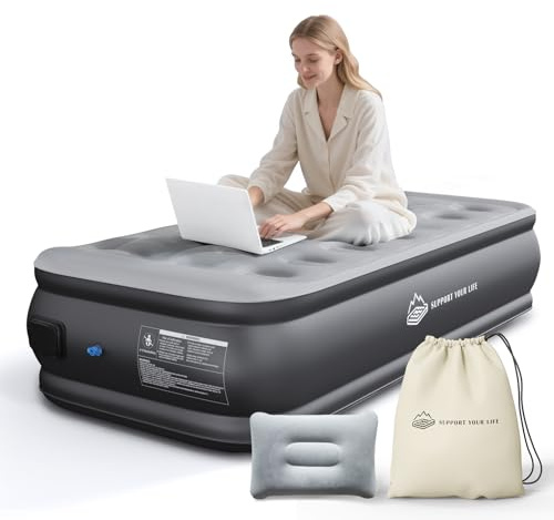 JUITOY Twin Air Mattress with Built in Pump, 18 Upgraded One-Touch Inflatable Airbed for Home, Camping Guests, Portable Blow Up Mattress, 440lbs Capacity