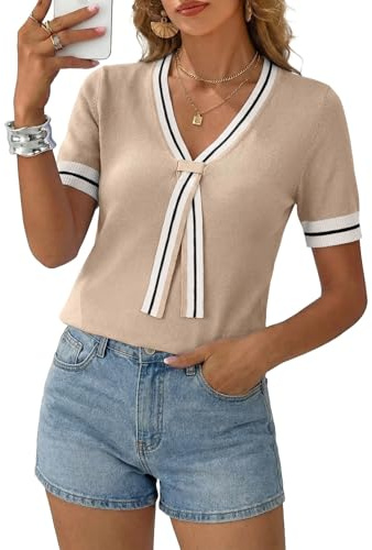 Dokotoo Women’s Lightweight Knit Top Chic Short Sleeve Sweater for Women Work Daily Wear Knit Blouse Summer Short Sleeve Shirts Fashion Clothing 2026 Spring Beige XL