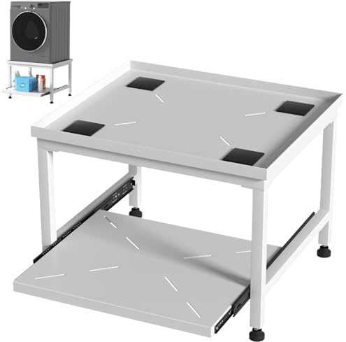 Monucep Tvättmaskiner, underrede 45 cm, justerbar höjd, tvättmaskin underrede bärkraft 200 kg, med utdragbar hylla, antivibrationer, bas för torktumlare, kylskåp, tvättmaskiner, vit