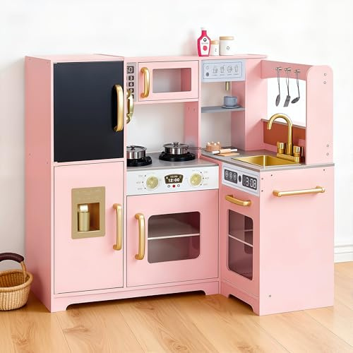 Tltaroni Corner Play Kitchen, Wooden Toddler Kitchen Playset with Ice Make, Telephone, Oven, Microwave, Faucet, Sink, Stove, Pink Toy Kitchen Ages 3+