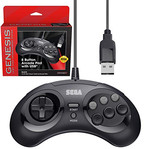 Retro-Bit - Controller USB ufficiale Sega Genesis 8 pulsanti Arcade Pad per Sega Genesis Mini, Nintendo Switch, PC, Mac, Steam, RetroPie, Raspberry Pi, porta USB, colore: Nero