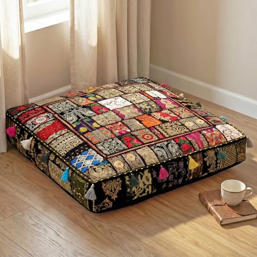 THE ART BOX 88x88x12 Cms Vintage Patchwork Large Outdoor Cushions Large Dog Bed Garden Decor Floor Seat Pillow Boho Decor Cushion (Cover Only)