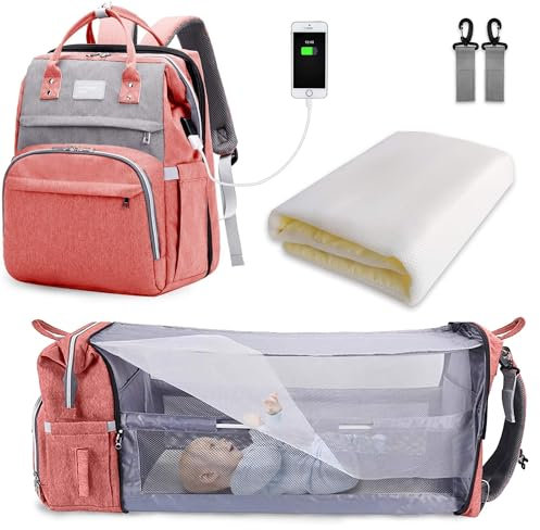 SNDMOR Mochila Cambiador, 30L Mochila Maternal Mochila Cuna Portatil Bebe con Cambiador Bebe Portatil y Correa Para Cochecito, Adecuado Para Mamá y Papá (Rosa y Gris)