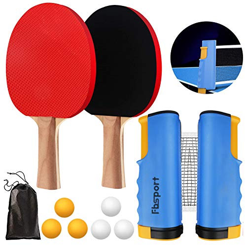 FBSPORT Tischtennis Set Profi, 2 Tischtennisschläger + Einziehbarem Netz + 6 Tischtennis-Bälle + 1 Tragetasche, Tischtennisschläger Set für Kinder Erwachsene Familien Erwachsene