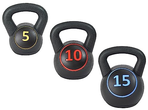Signature Fitness Ensemble de 3 kettlebells à large prise en main avec poids de 2,3 kg, 10 kg et 15 kg, lot de 3 kettlebells