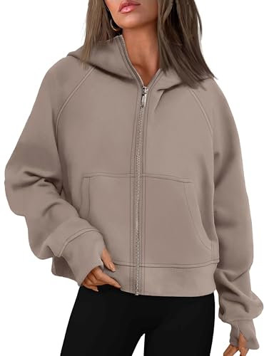 Timuspo Sweater Jacke Damen Basic Kapuzen Sweatshirt Sweatjacke Casual Zipper Hoodie Y2k Oberteile Kapuzenpullover Hellbraun S