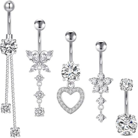 5 Stück Bauchnabelpiercing, 14G Edelstahl Piercing, Silber Lang, Dangle Schmuck, Schmetterling Blume Anhänger für Frauen