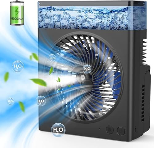 Urmaxs - Ventilatore da scrivania USB con batteria da 8000 mAh, serbatoio dell'acqua 600 ml, ventilatore a 3 velocità, per casa, campeggio, esterno e interno