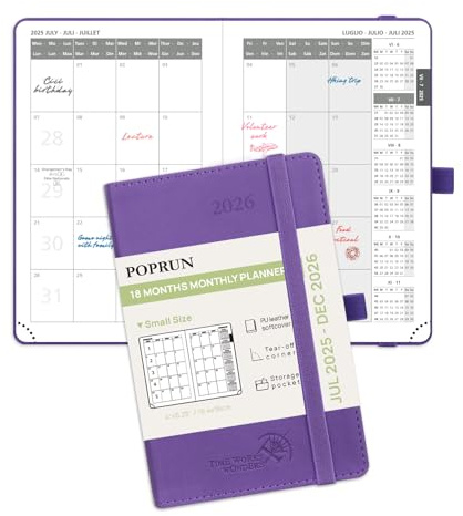 POPRUN Agenda 2025 2026 Mensile Tascabile 16 x 10,5 cm, Planner Scuola 18 Mesi da Lug.2025 a Dic.2026, Copertina Morbida in Pelle Vegana, Portapenne Autoadesivo, Carta Spessa da 100 GSM, Viola