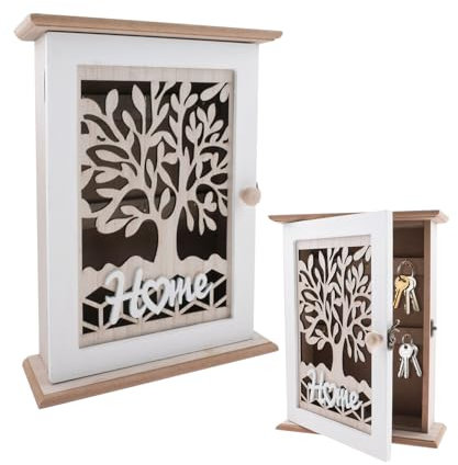 wocpvm Wooden Key Holder Vintage Key Boxes Wall Mounted Indoor 6 Key Hooks Key Box Key Cabinet with Lock Buckle for Entrance, Hallway, Office Key Holder, White (Tree of Life Pattern)