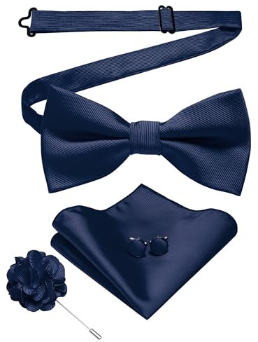 JEMYGINS Herren Fliege aus Twill in Uni mit Pocket Square Manschettenknöpfen und Blumen Gesteck Geschenkset für Partys Business und Hochzeiten Marineblau