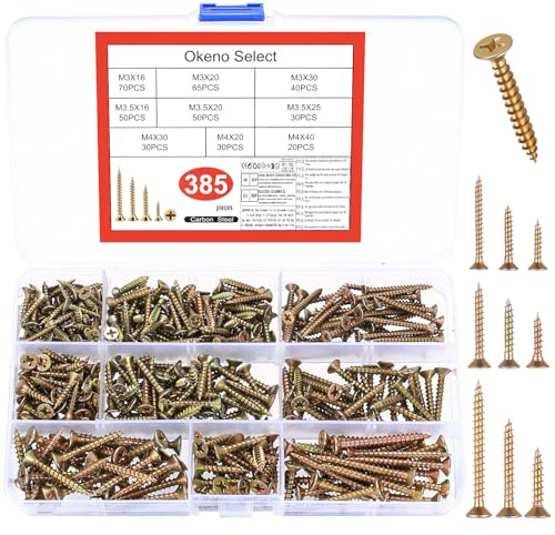 Okeno Select 385-Piece Wood Screws Set, M3 M3.5 M4 Self-Tapping Flat Head Phillips Screws, Chipboard Screws Assortment for Woodworking and DIY Projects