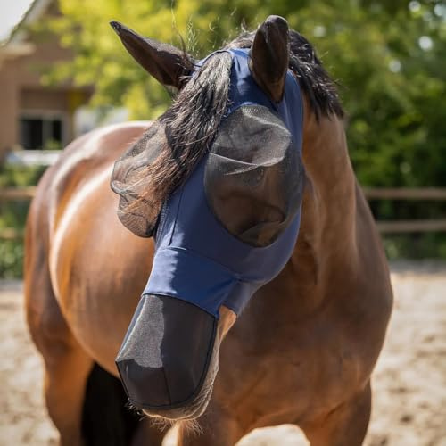 netproshop Flugmask, superbug, flughuva med nässkydd med öron och öppning för pannhår, shetty till XL, storlek: ponny, färg: mörkblå