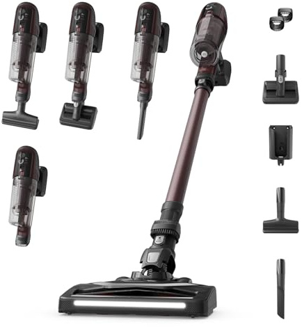 Rowenta X-Pert 6.80, Aspirapolvere Senza Fili Potente, Scopa Elettrica Senza Fili con Spazzola Multifunzione con Luci LED, Display, Autonomia Fino a 60 Minuti, 100 Watt, RH6483, Colore Burgundy