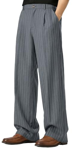 FEDTOSING Mens Pinstripe Casual Trousers Old Money Wide Leg Baggy Pleated Slacks Elastic Wasist Loose Fit Work Pants