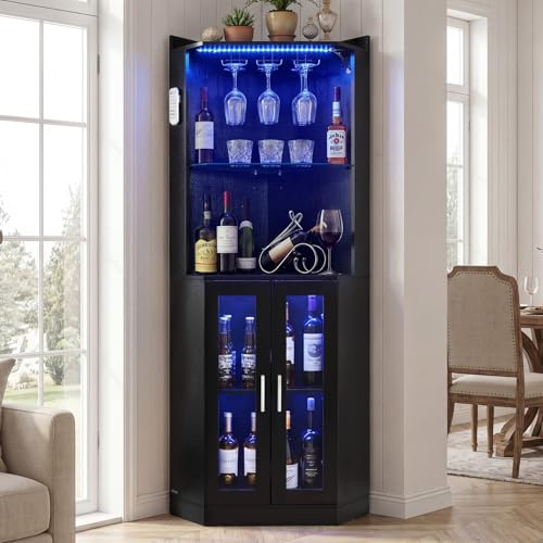 VEVOR Meuble Bar d'angle, Armoire à Vin Moderne, Rangement pour Salon Cuisine Salle à Manger, Buffet Bar Haut avec Porte-Verres, Éclairage LED Réglable, Sangle Anti-basculement, Noir